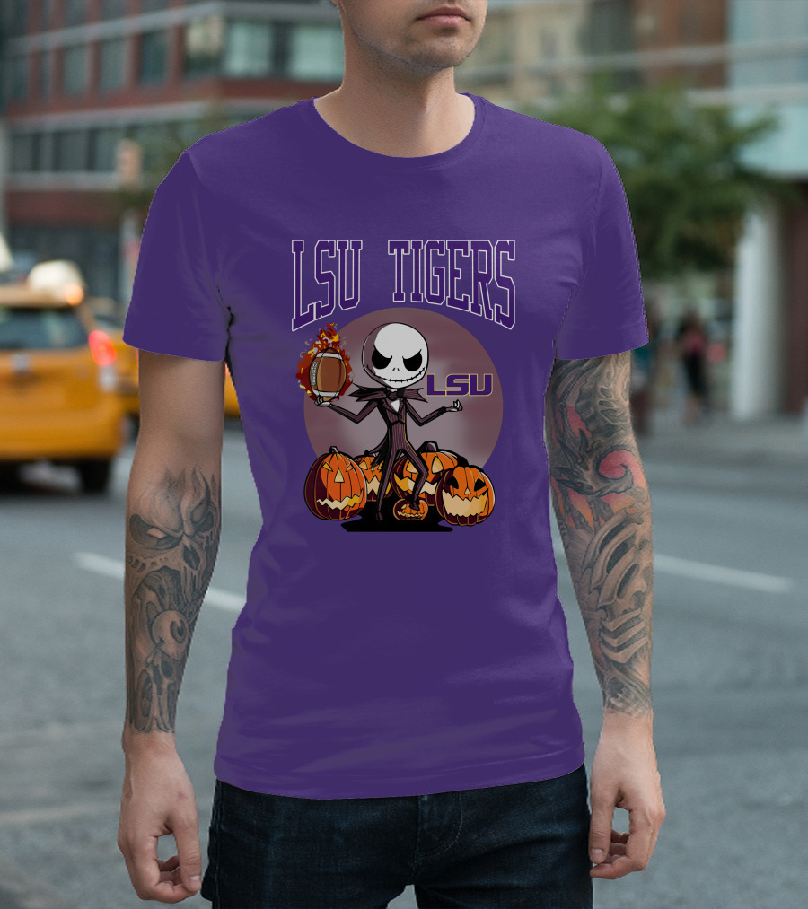 LSU Tigers Jack Skellington Halloween Football Pumpkins T-Shirt