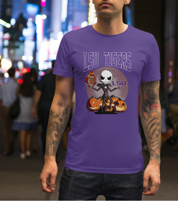 LSU Tigers Jack Skellington Halloween Football Pumpkins T-Shirt
