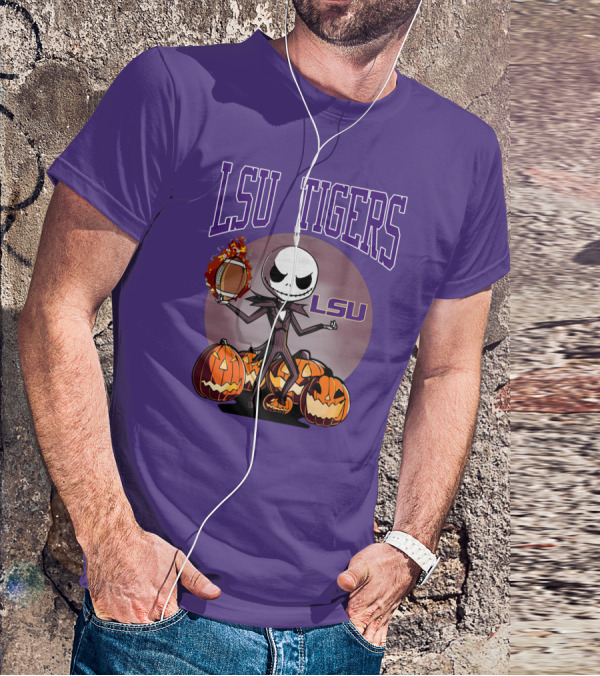 LSU Tigers Jack Skellington Halloween Football Pumpkins T-Shirt