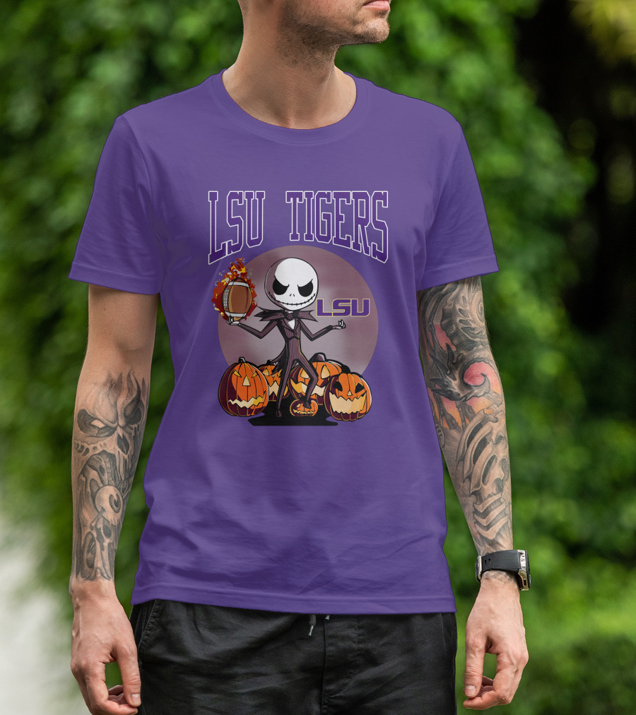 LSU Tigers Jack Skellington Halloween Football Pumpkins T-Shirt