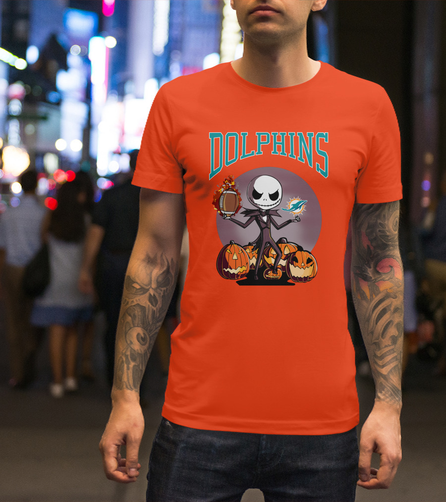 Dolphins Jack Skellington Halloween Miami Football Pumpkins T-Shirt