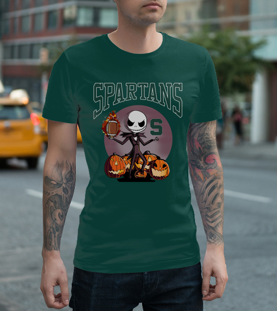 Michigan State Spartans Jack Skellington Football Halloween Pumpkins T-Shirt