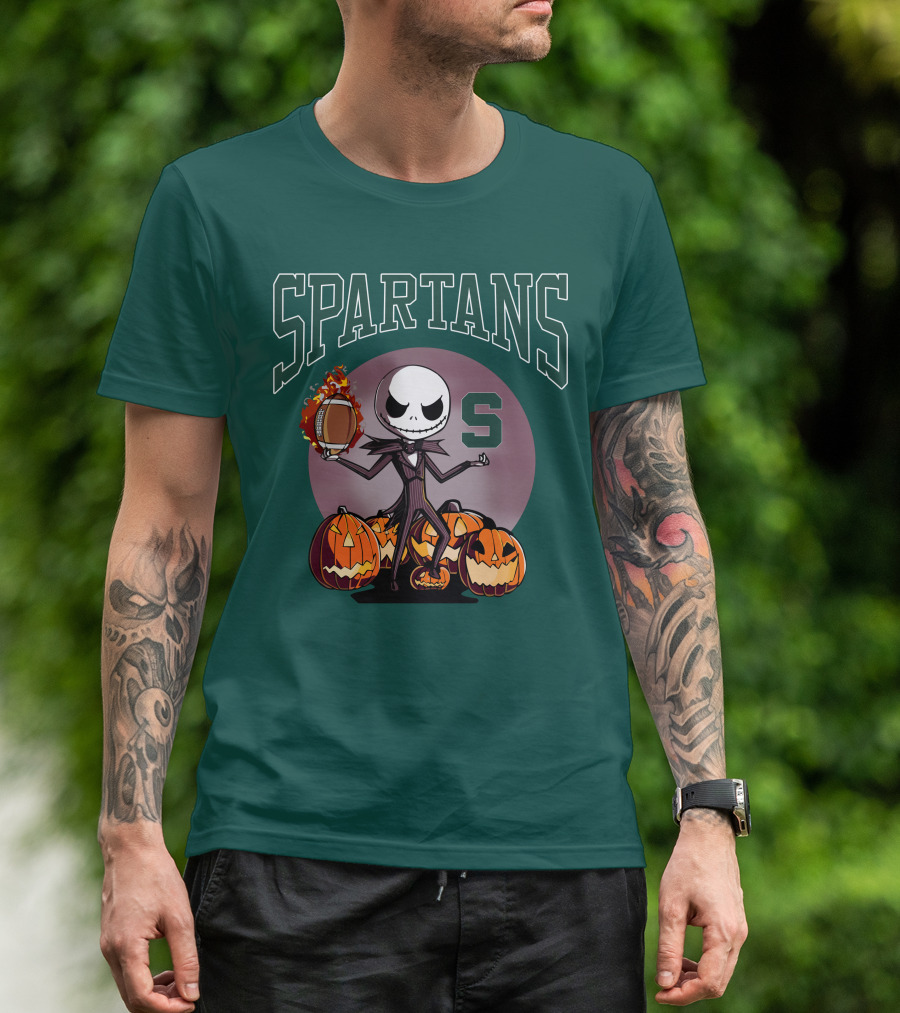 Michigan State Spartans Jack Skellington Football Halloween Pumpkins T-Shirt
