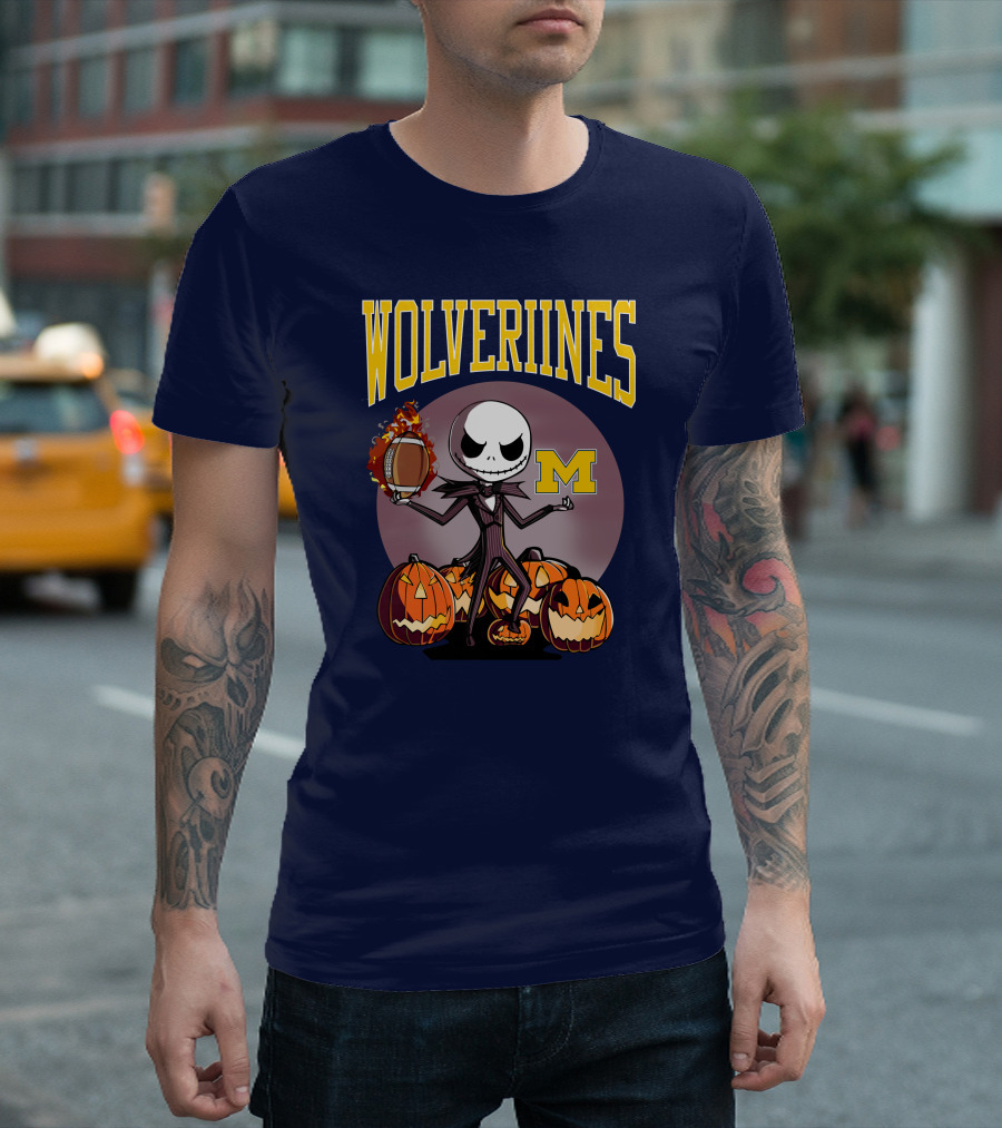 Michigan Wolverines Halloween Jack Skellington Football Pumpkins T-Shirt