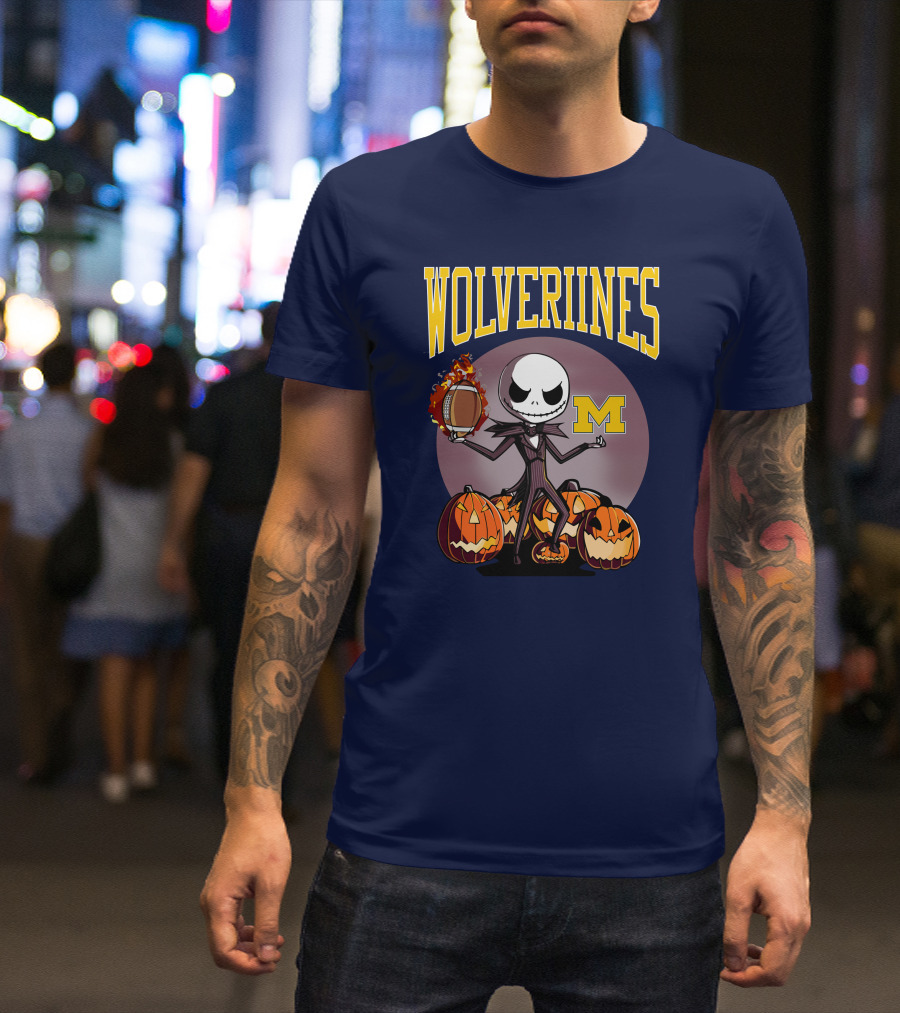 Michigan Wolverines Halloween Jack Skellington Football Pumpkins T-Shirt