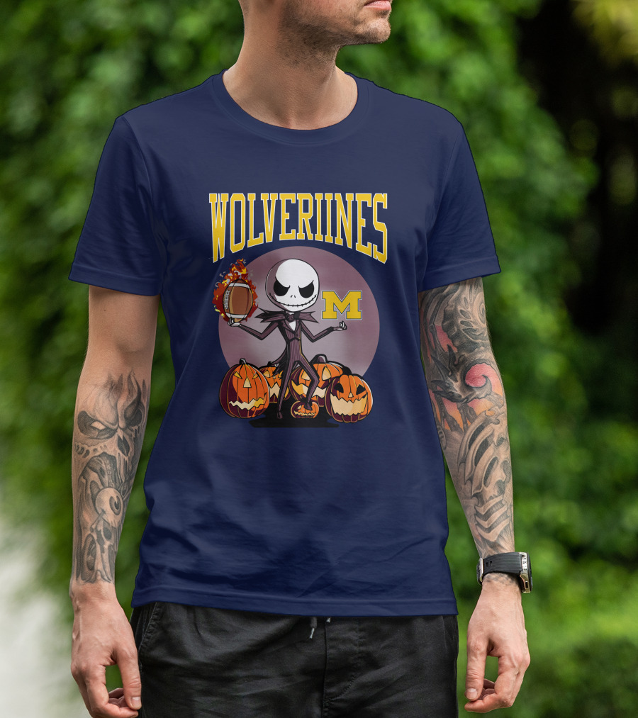 Michigan Wolverines Halloween Jack Skellington Football Pumpkins T-Shirt