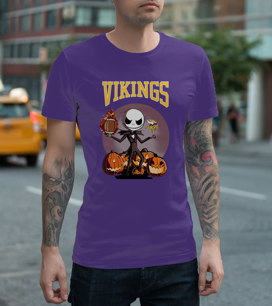 Vikings Jack Skellington Halloween Football Pumpkins T-Shirt