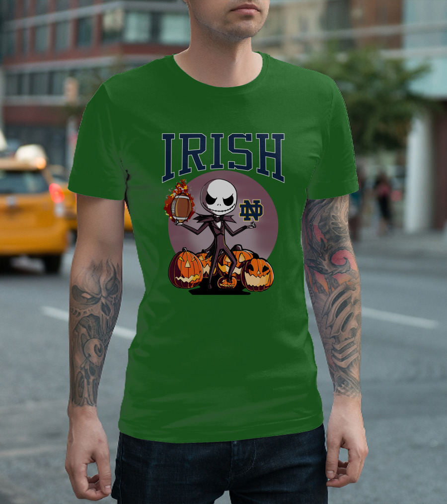 Irish Notre Dame Jack Skellington Halloween Football Pumpkins T-Shirt