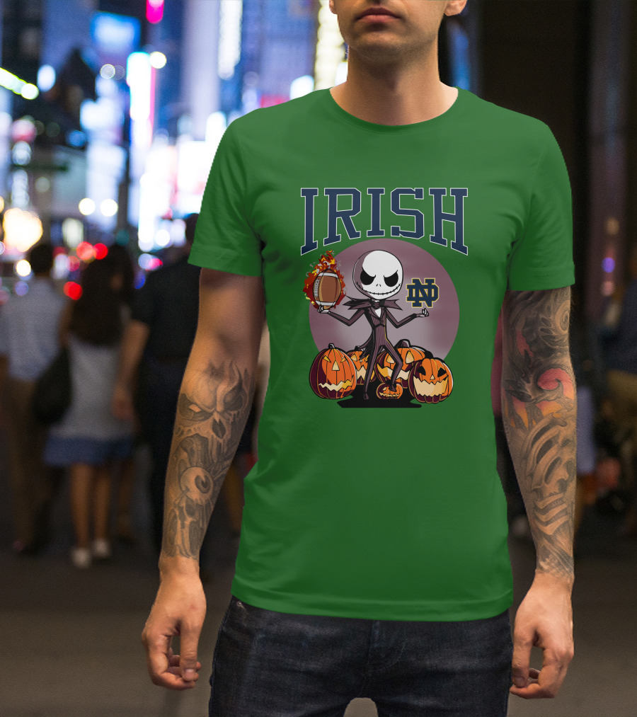 Irish Notre Dame Jack Skellington Halloween Football Pumpkins T-Shirt