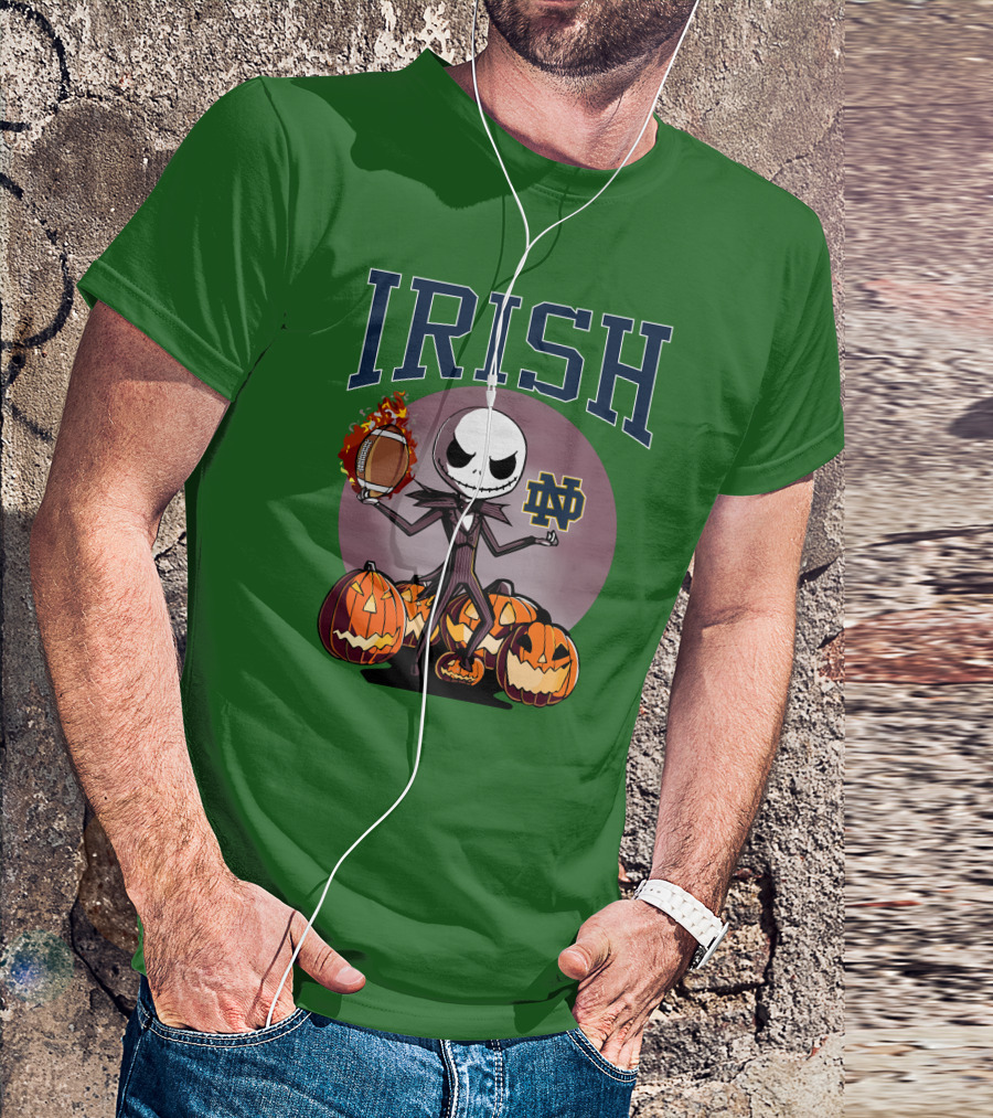 Irish Notre Dame Jack Skellington Halloween Football Pumpkins T-Shirt