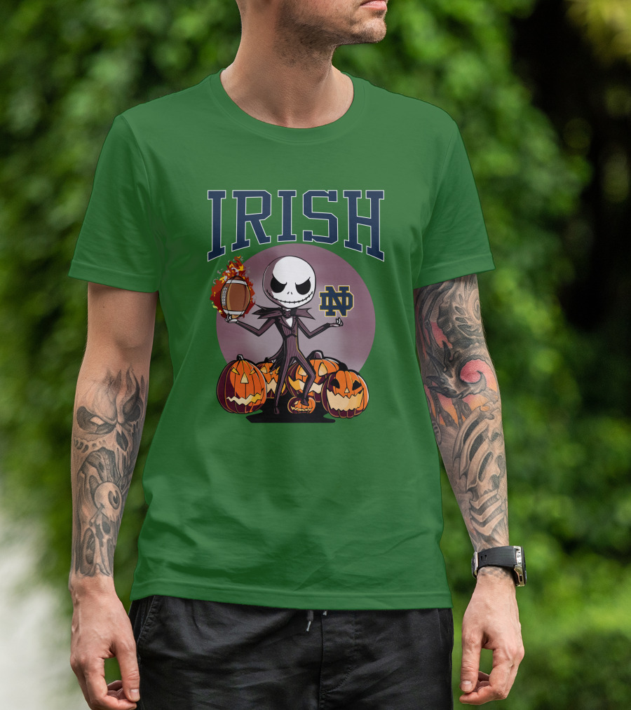 Irish Notre Dame Jack Skellington Halloween Football Pumpkins T-Shirt