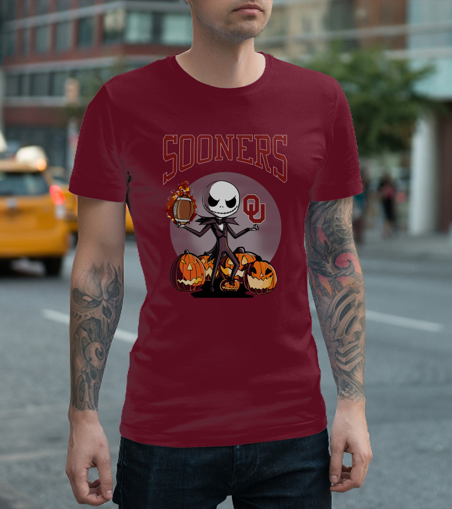 Sooners Halloween Jack Skellington OU Football Pumpkins T-Shirt