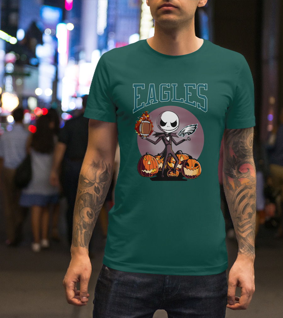 Philadelphia Eagles Jack Skellington Halloween Football Pumpkins T-Shirt