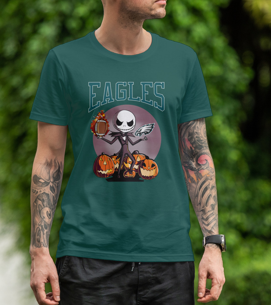 Philadelphia Eagles Jack Skellington Halloween Football Pumpkins T-Shirt