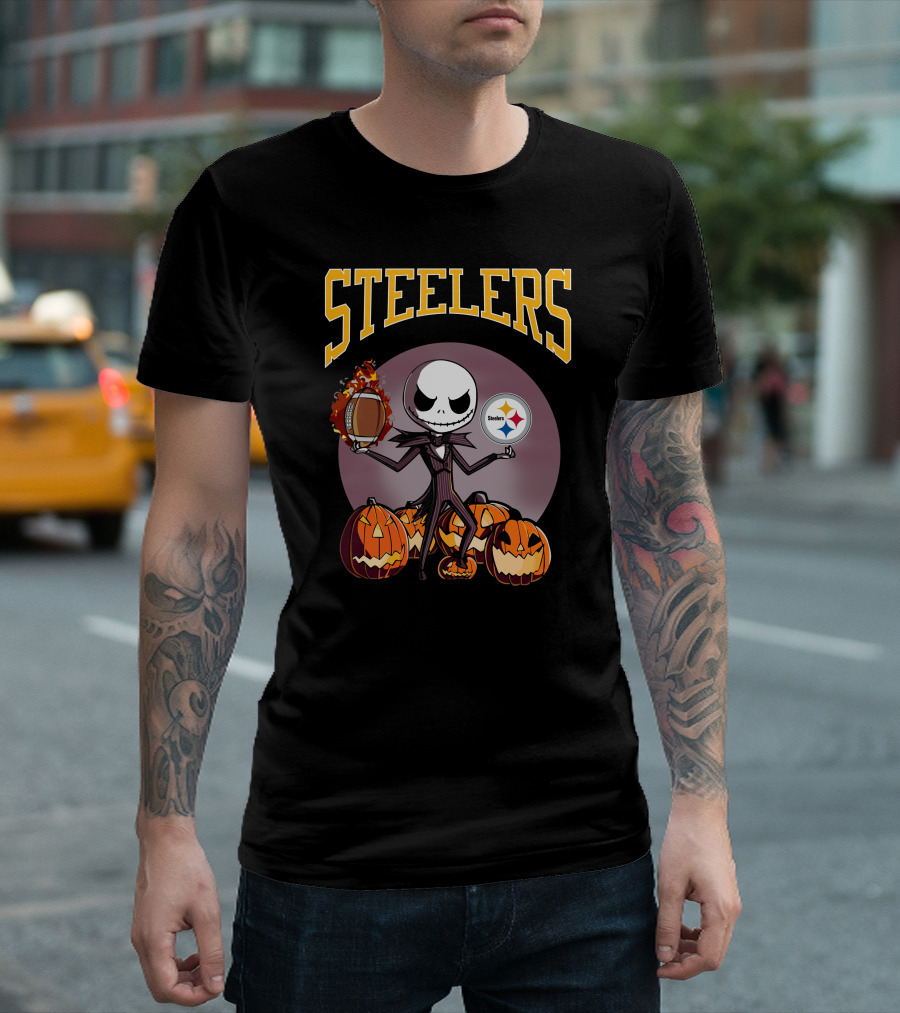 Steelers Jack Skellington Holding Football with Pumpkins and Pittsburgh Steelers T-Shirt