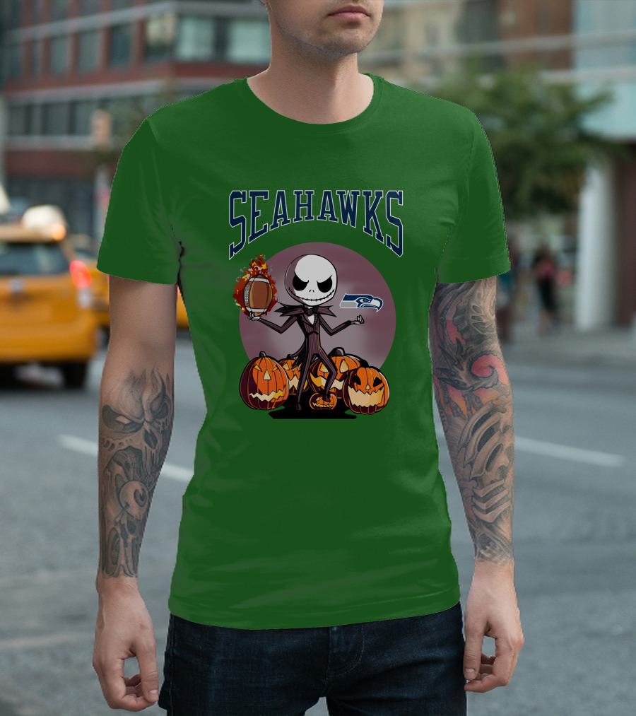 Seattle Seahawks Jack Skellington Halloween NFL Football Pumpkins T-Shirt