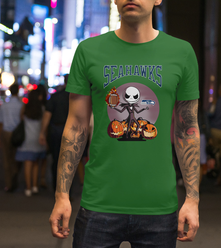 Seattle Seahawks Jack Skellington Halloween NFL Football Pumpkins T-Shirt
