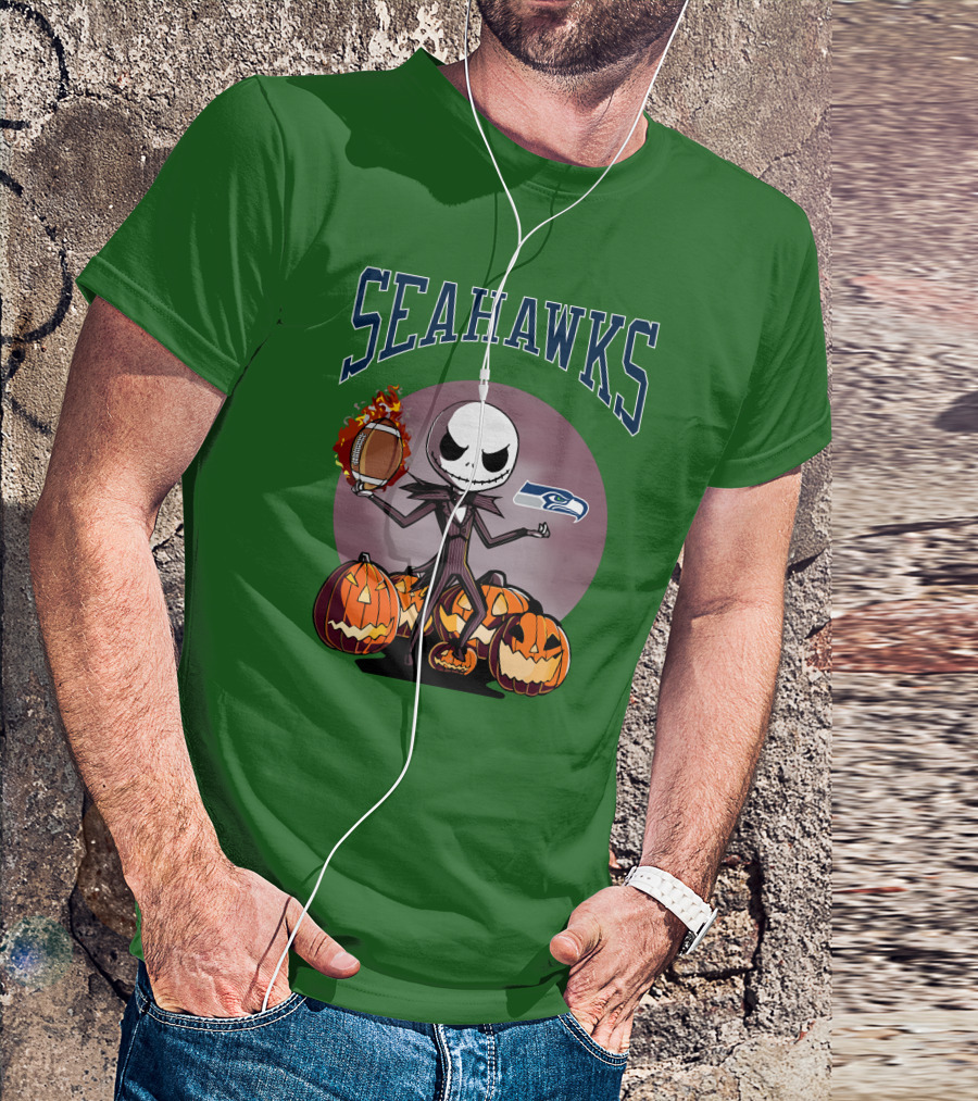 Seattle Seahawks Jack Skellington Halloween NFL Football Pumpkins T-Shirt