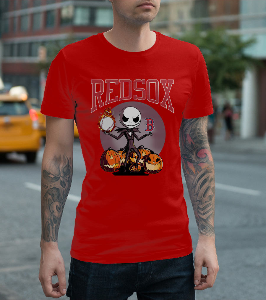 Red Sox Jack Skellington Halloween Pumpkins Baseball T-Shirt
