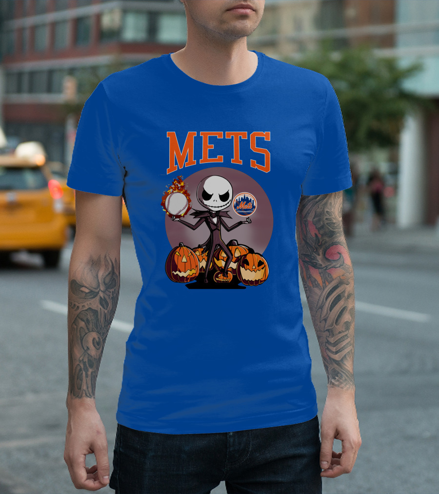 Mets Halloween With Jack Skellington And Pumpkins T-Shirt