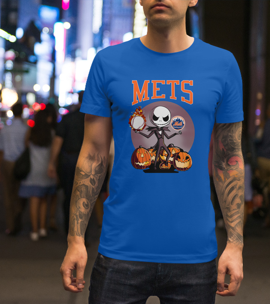 Mets Halloween With Jack Skellington And Pumpkins T-Shirt