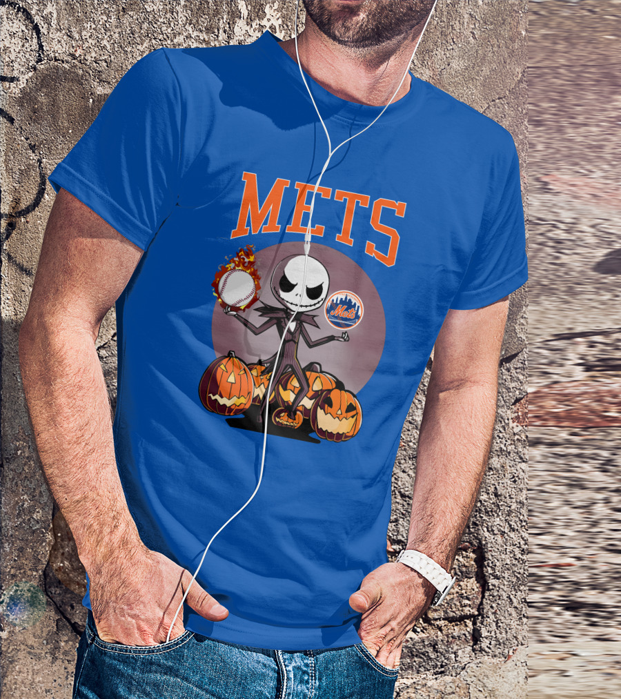 Mets Halloween With Jack Skellington And Pumpkins T-Shirt