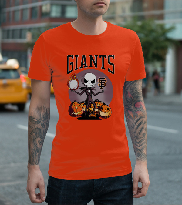 Giants Jack Skellington SF Logo Halloween Pumpkins Baseball T-Shirt
