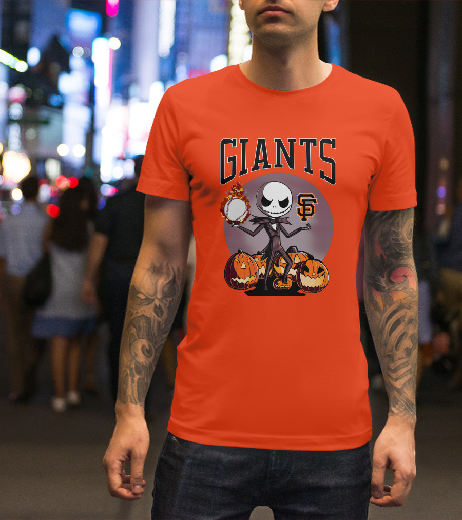 Giants Jack Skellington SF Logo Halloween Pumpkins Baseball T-Shirt
