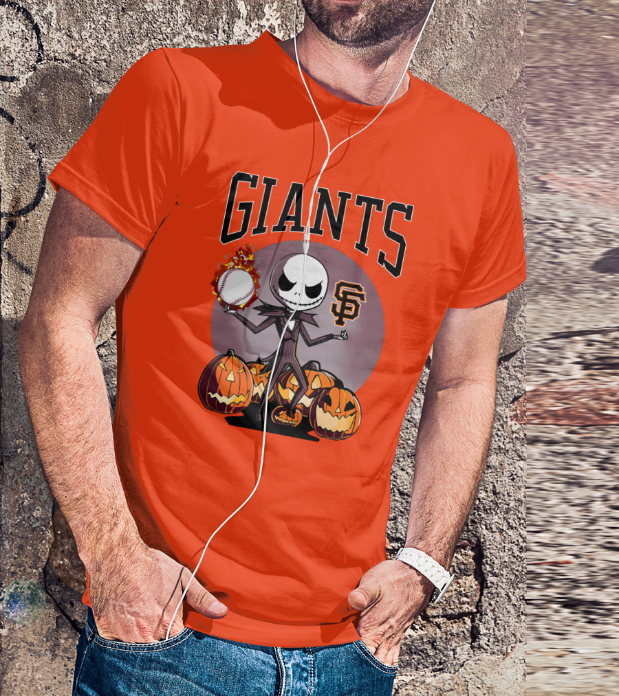 Giants Jack Skellington SF Logo Halloween Pumpkins Baseball T-Shirt
