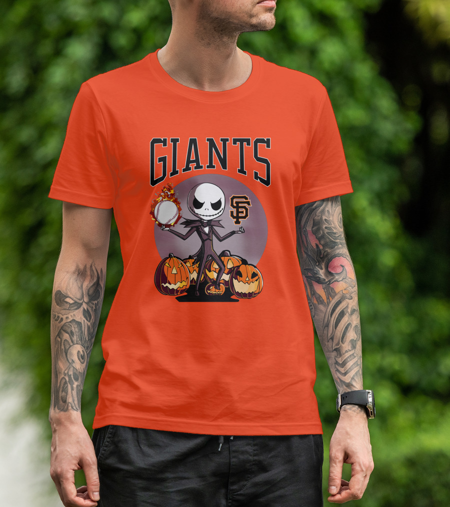 Giants Jack Skellington SF Logo Halloween Pumpkins Baseball T-Shirt