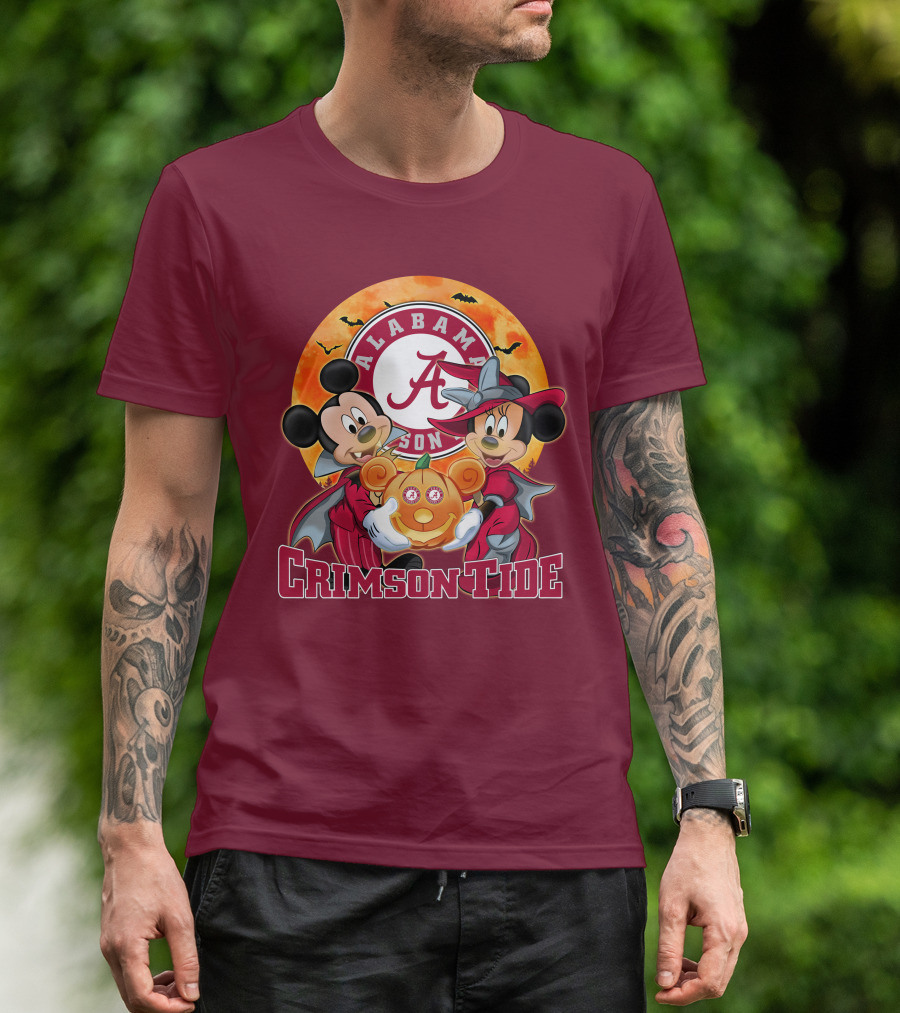 Alabama Crimson Tide Mickey Mouse Minnie Mouse Halloween Pumpkin Circle T-Shirt