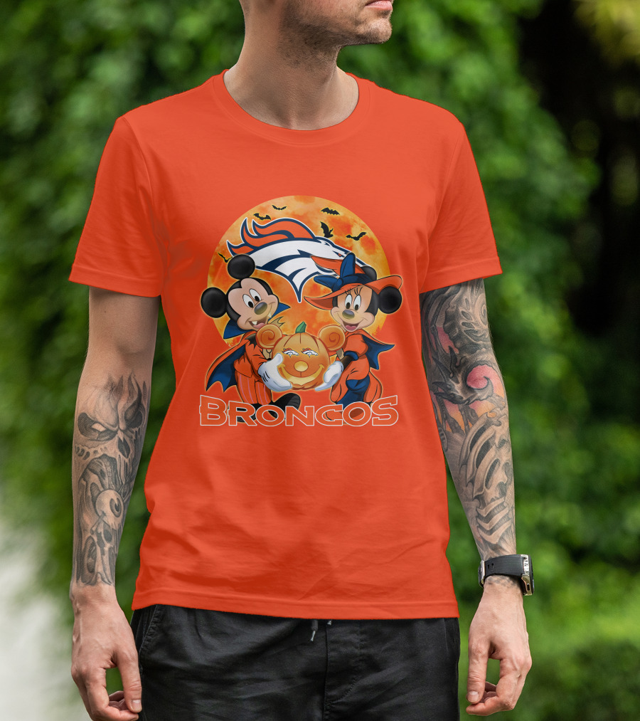 Denver Broncos Mickey Mouse And Minnie Mouse Halloween Broncos T-Shirt