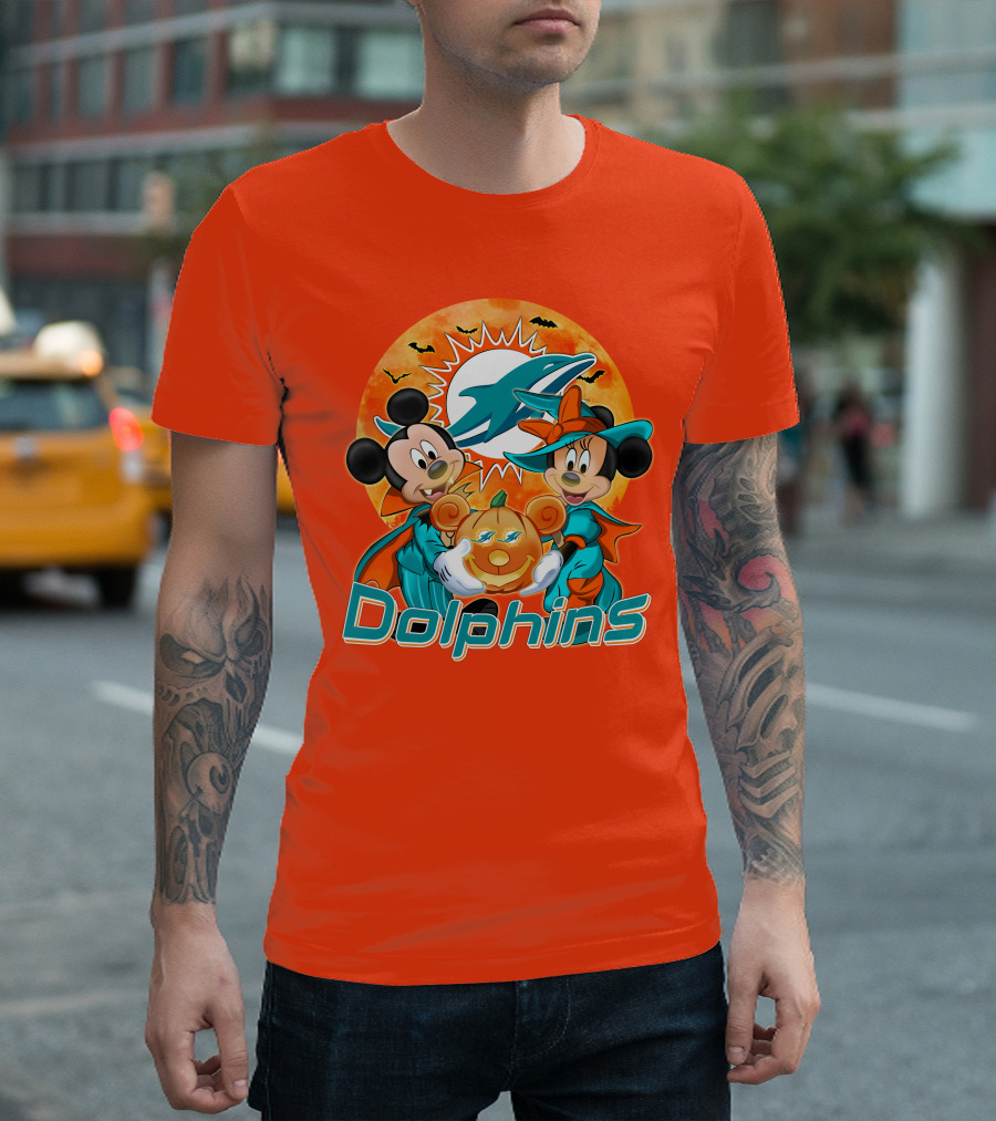 Miami Dolphins Mickey Minnie Halloween Pumpkin Bats T-Shirt