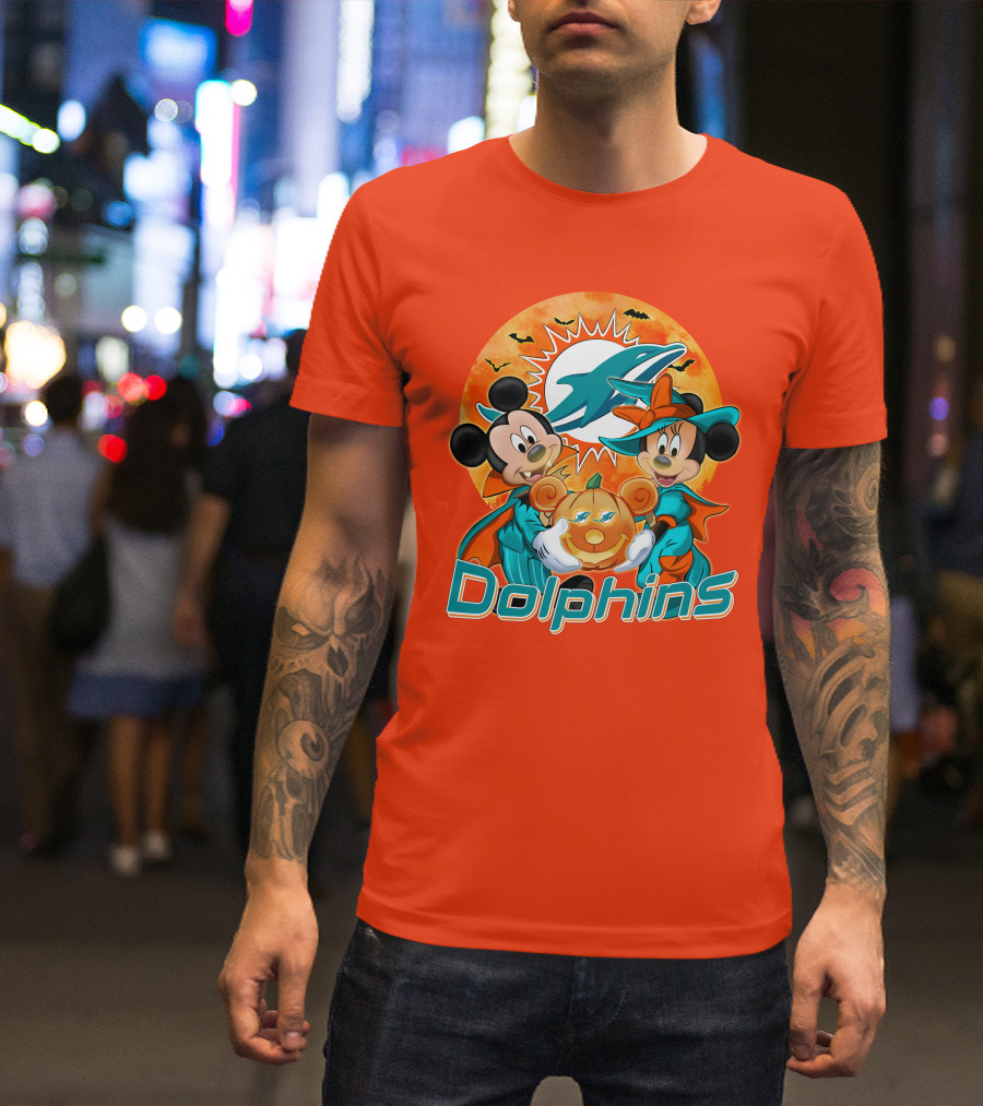 Miami Dolphins Mickey Minnie Halloween Pumpkin Bats T-Shirt