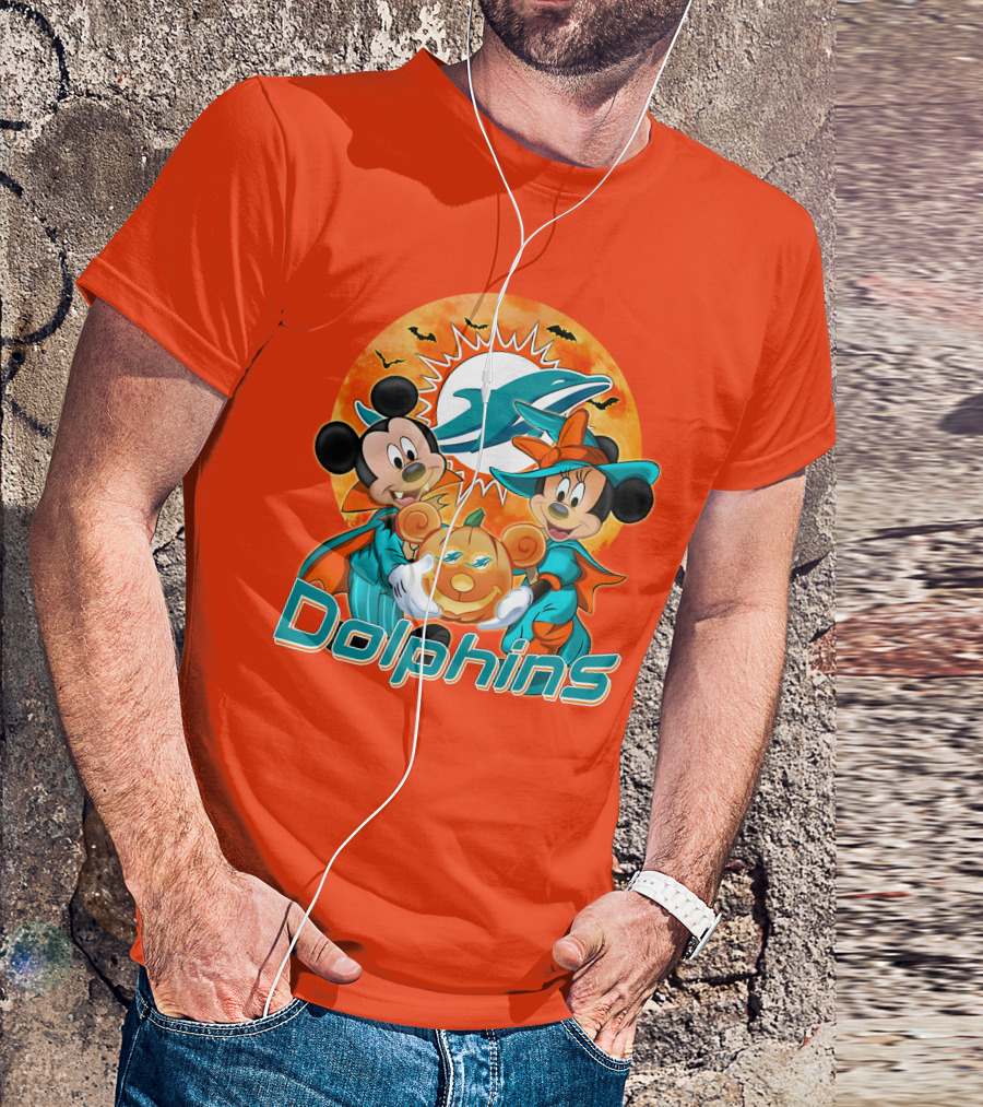 Miami Dolphins Mickey Minnie Halloween Pumpkin Bats T-Shirt