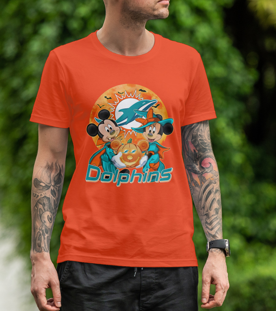 Miami Dolphins Mickey Minnie Halloween Pumpkin Bats T-Shirt