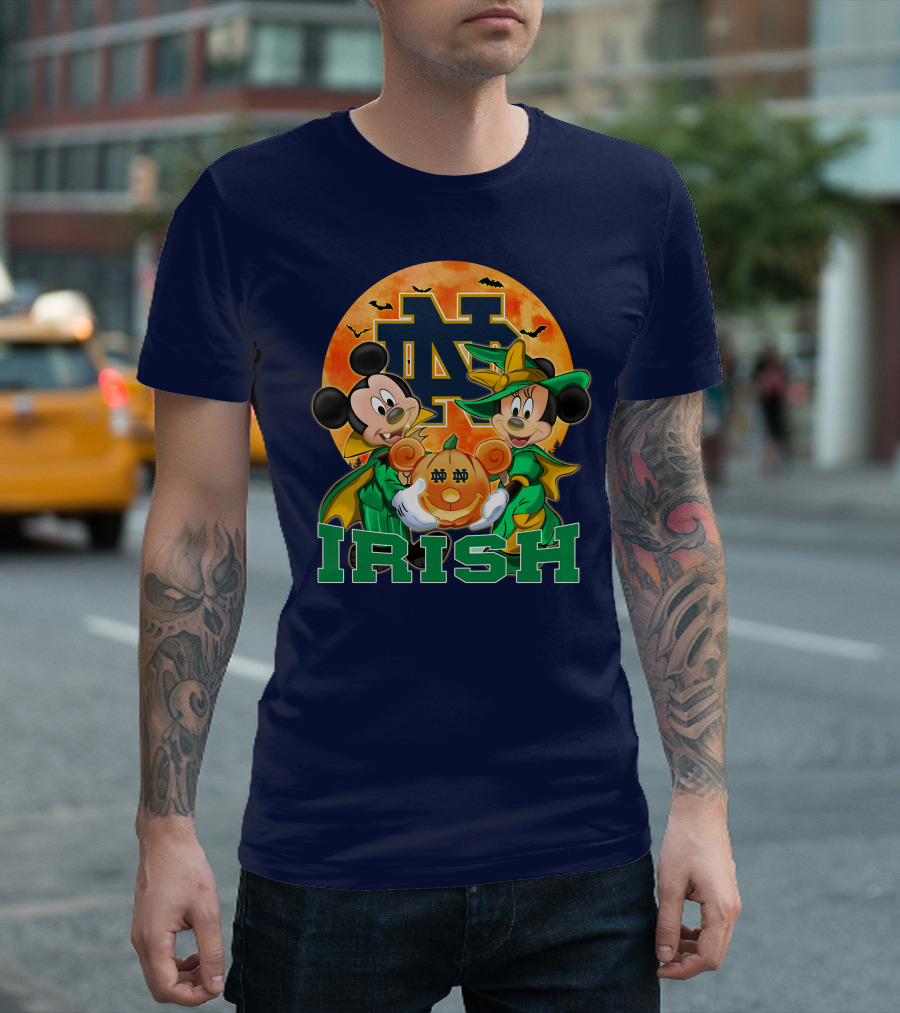 Notre Dame Fighting Irish Mickey Mouse Minnie Mouse Halloween Irish Pumpkin T-Shirt