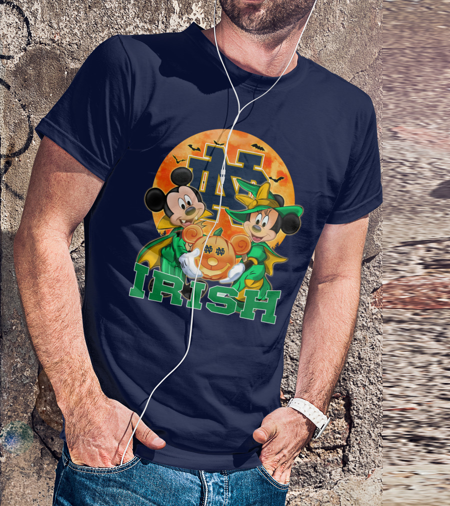 Notre Dame Fighting Irish Mickey Mouse Minnie Mouse Halloween Irish Pumpkin T-Shirt