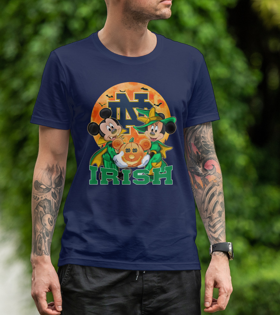 Notre Dame Fighting Irish Mickey Mouse Minnie Mouse Halloween Irish Pumpkin T-Shirt
