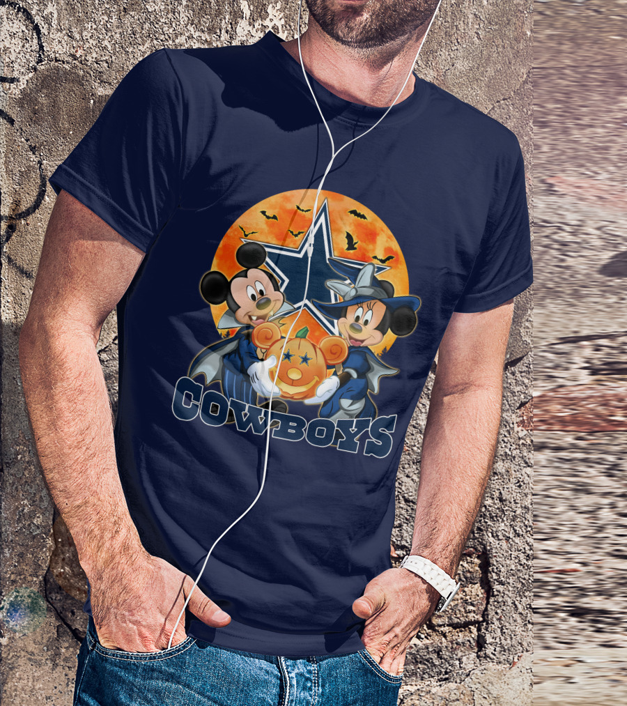 Cowboys Halloween Mickey Mouse And Minnie Mouse With Pumpkin Dallas T-Shirt