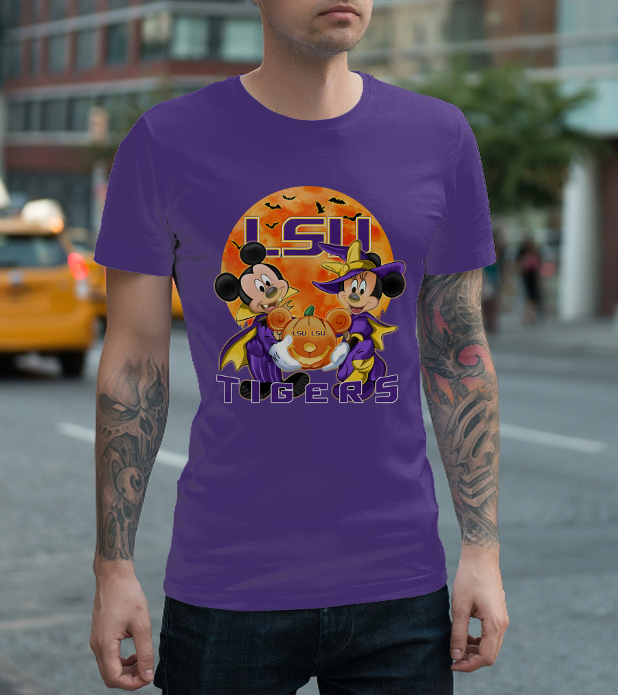 LSU Tigers Mickey Mouse and Minnie Mouse Halloween Pumpkin T-Shirt