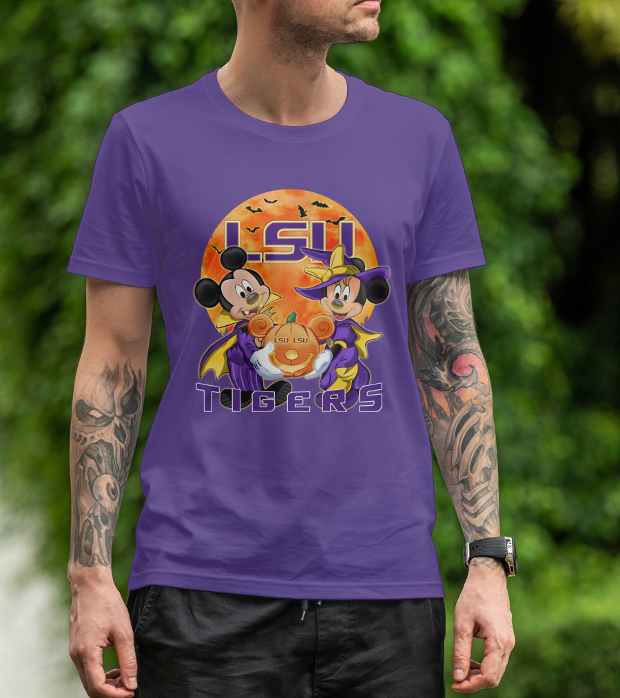 LSU Tigers Mickey Mouse And Minnie Mouse Halloween Pumpkin T-Shirt