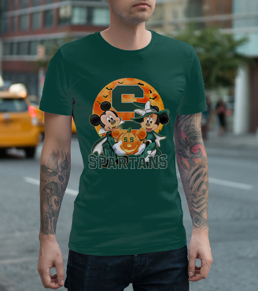 Michigan State Spartans Mickey Mouse Minnie Mouse Halloween Pumpkin Moon Bats T-Shirt