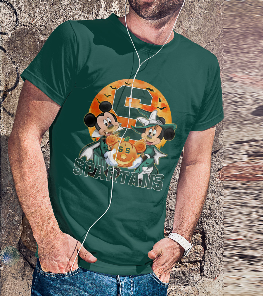 Michigan State Spartans Mickey Mouse Minnie Mouse Halloween Pumpkin Moon Bats T-Shirt