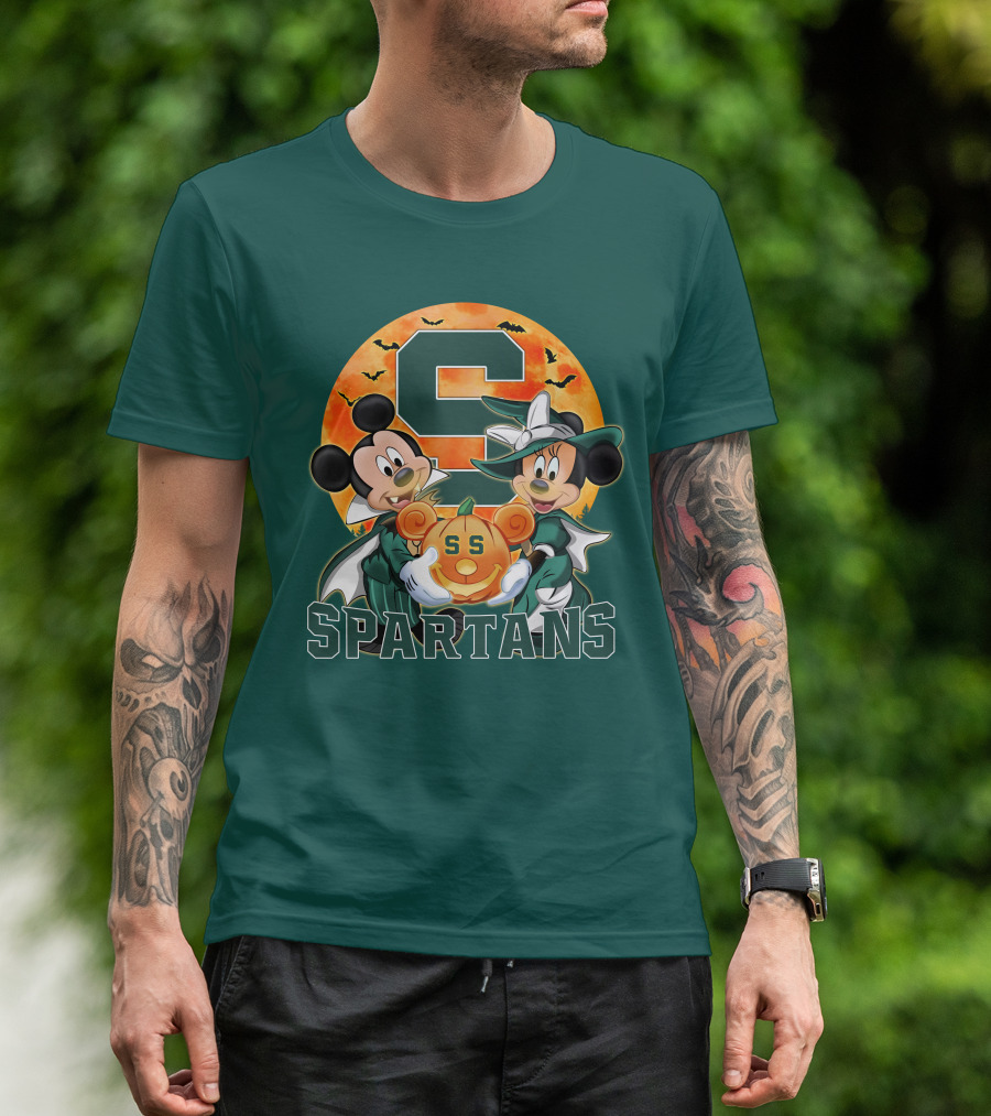 Michigan State Spartans Mickey Mouse Minnie Mouse Halloween Pumpkin Moon Bats T-Shirt