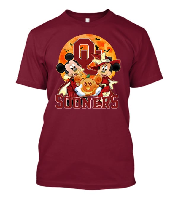 Oklahoma Sooners Mickey Mouse And Minnie Mouse Halloween Pumpkin Moon Bats T-Shirt