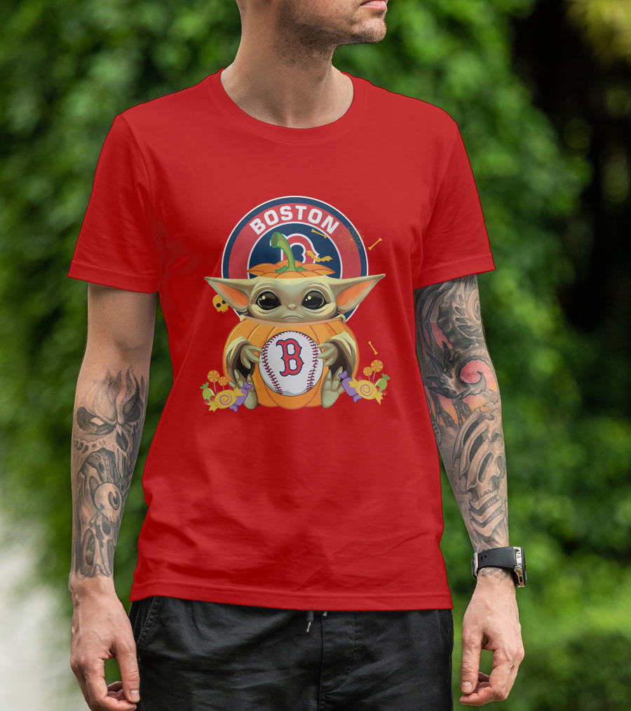 Boston Red Sox Halloween Baby Yoda Pumpkin Hug T-Shirt