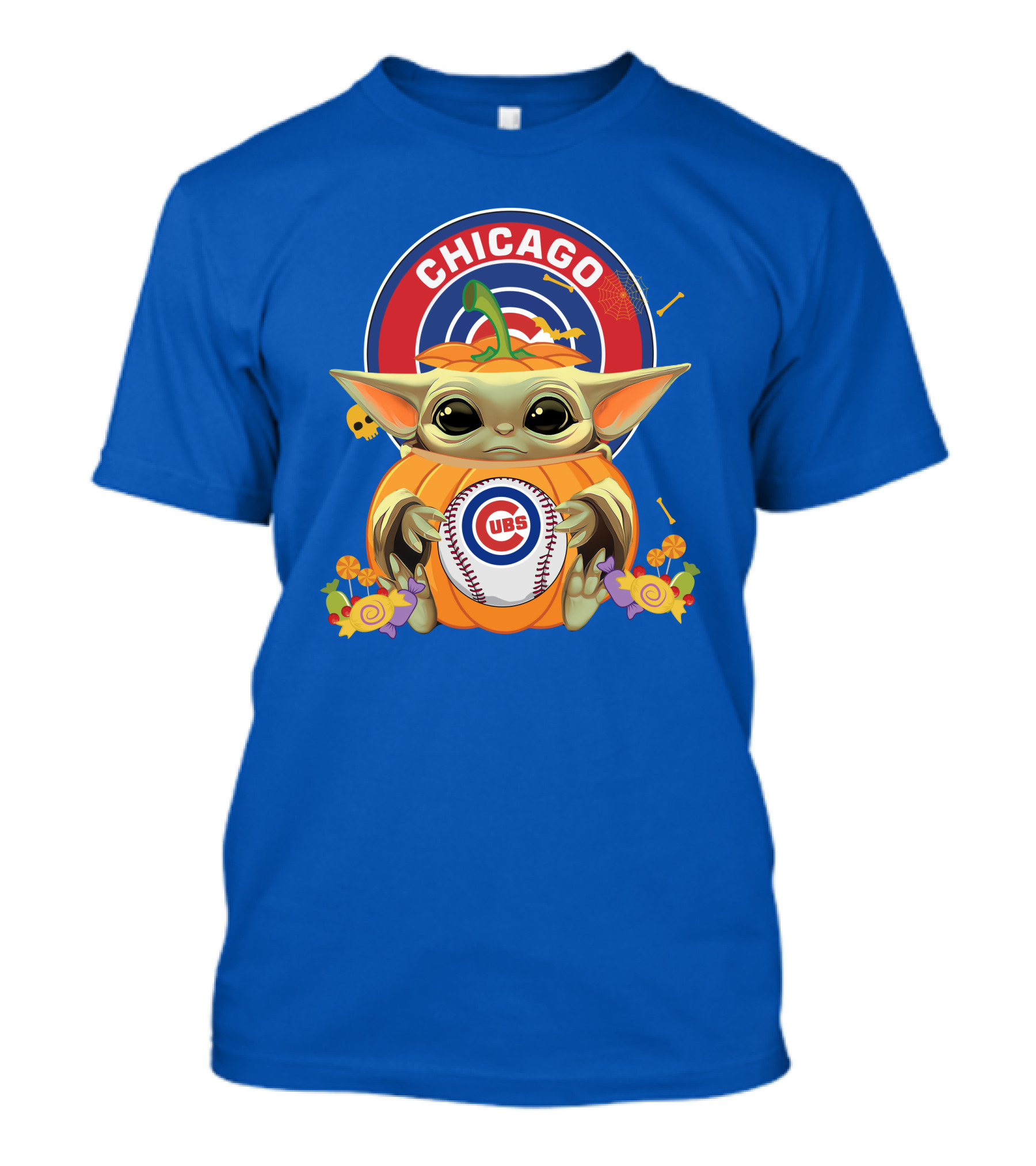 Halloween Pumpkin Baby Yoda Chicago Cubs Baseball Theme T-Shirt