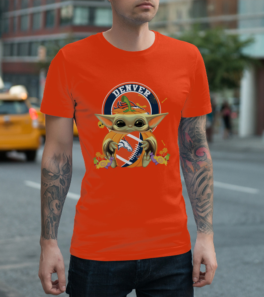 Halloween Pumpkin Baby Yoda Holding Denver Broncos Football Logo with Candy and Skulls T-Shirt