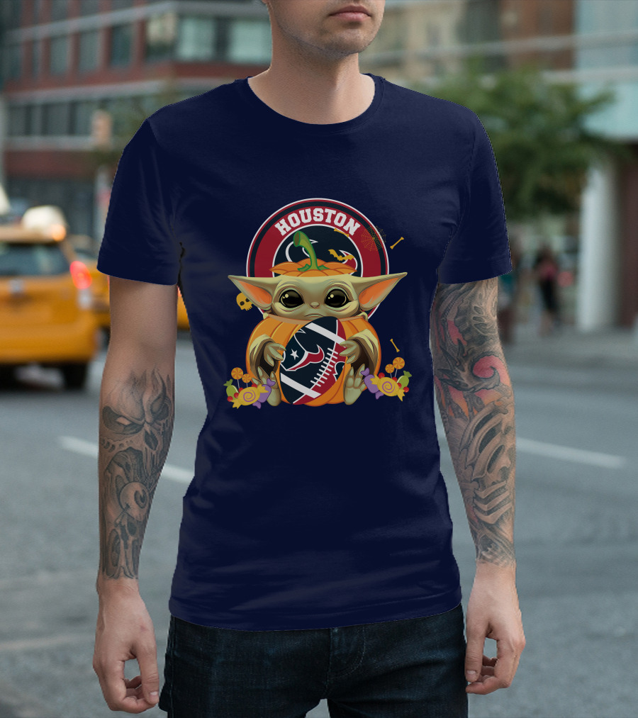 Halloween Pumpkin Baby Yoda Holding Houston Texans Logo Sphere T-Shirt